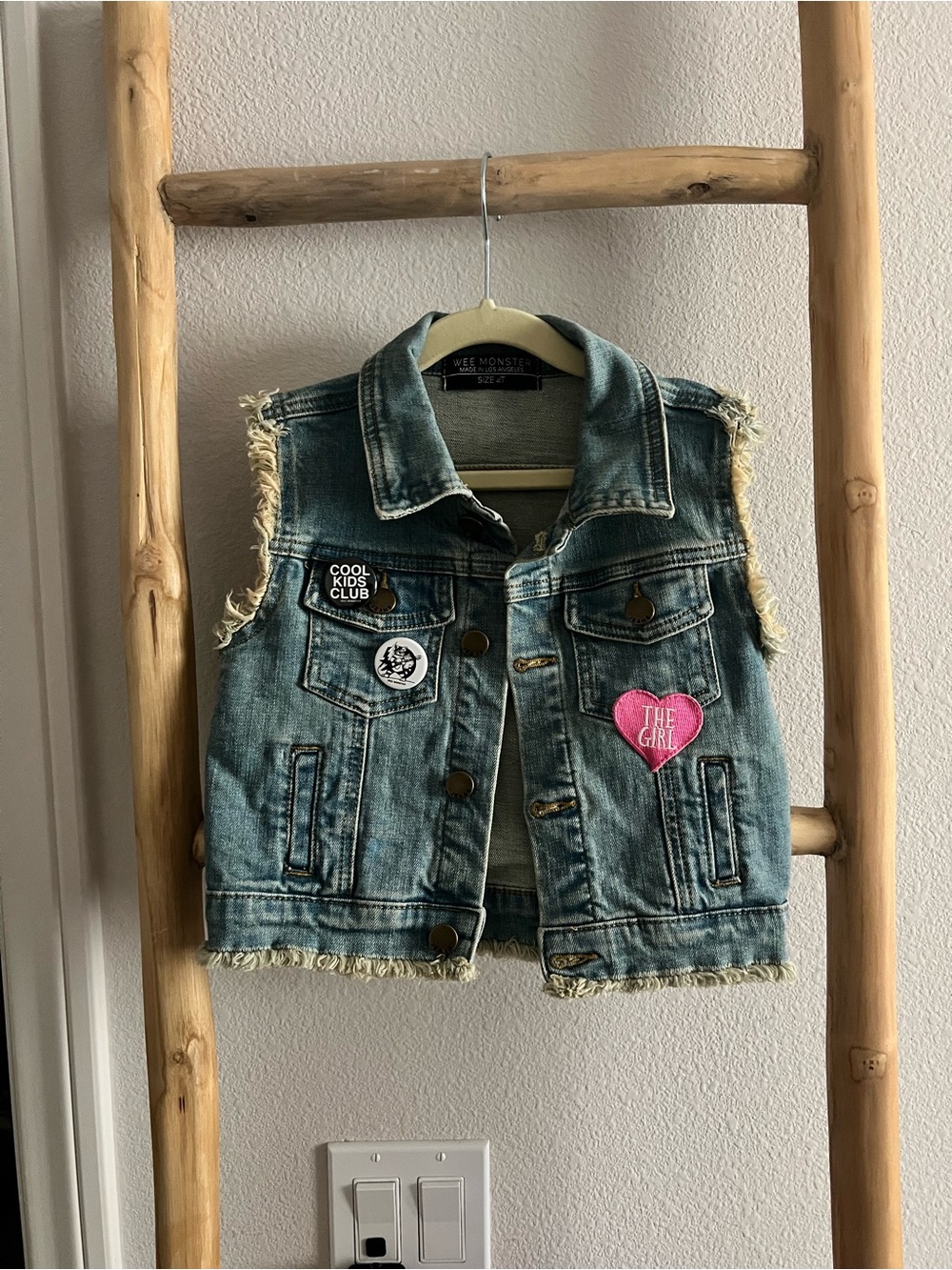 Wee Monster Girls' Distressed Blue Denim Vest with Patch Accents